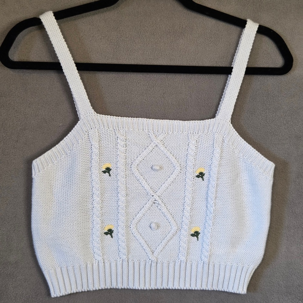 Floral Cropped Cable Knit Tank Top Women's Medium Cottagecore Coquette Dainty